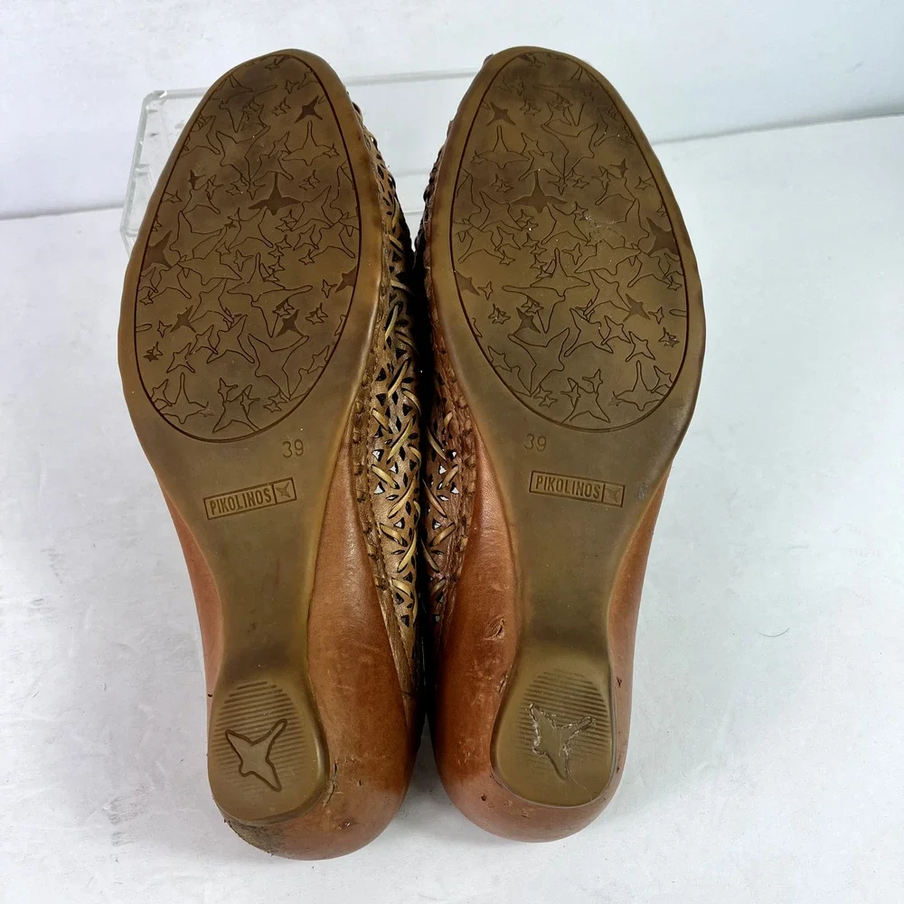 Pikolinos Shoes Womens 8 Mules Romana Brown Weave Leather Laser Cut